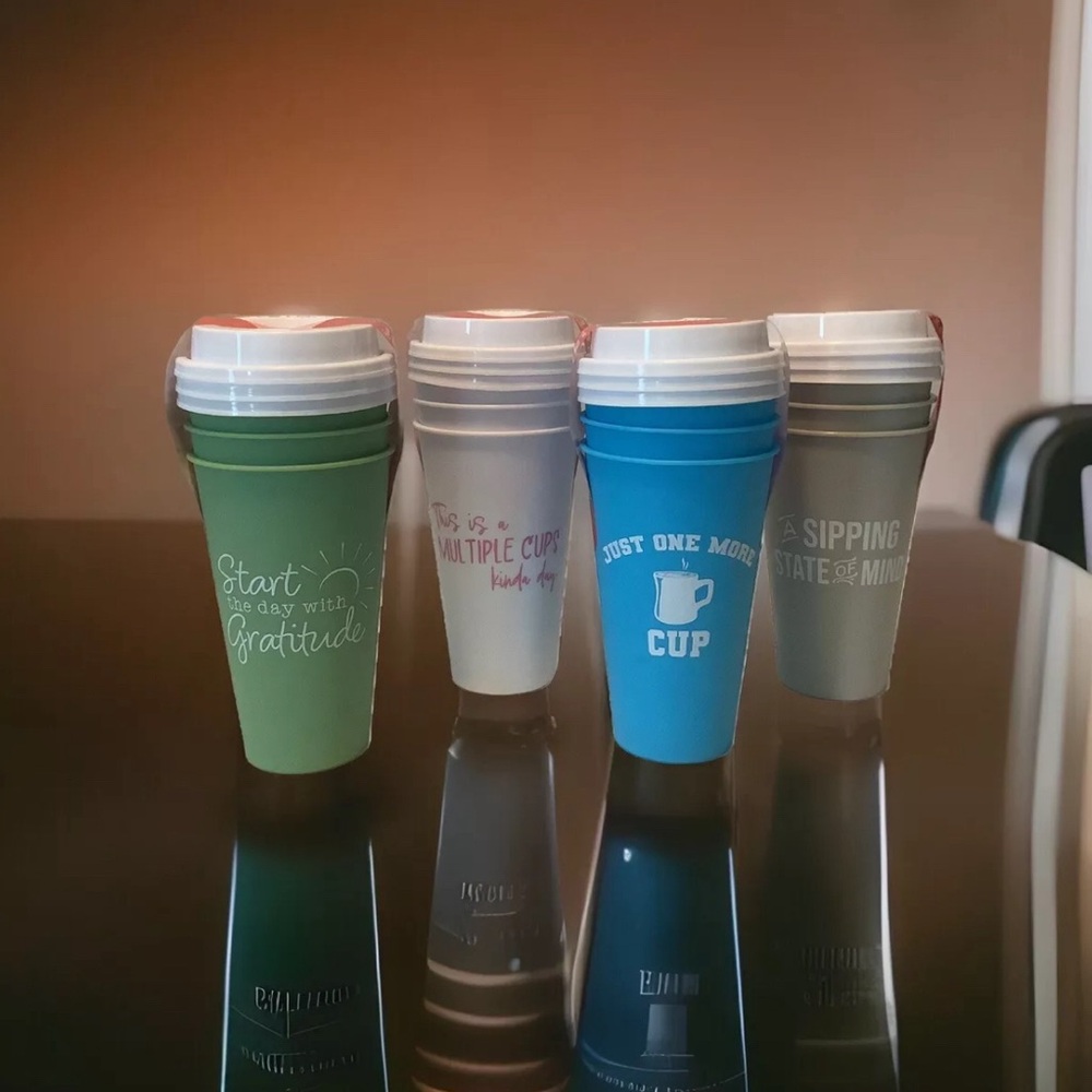 Lot Of 12 Travel Tumblers With Lids 12oz. Reusable 4 Colors/Slogans Packs Of 3